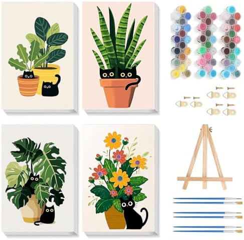 Gemozaic 4 Pack Cat Paint by Numbers Kit for Adults with Frame and Easel by Gemozaic