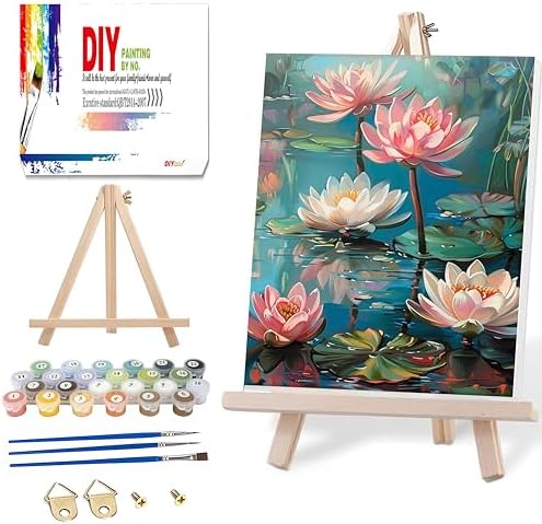 Ausanrl Flowers Framed Paint by Numbers Wooden Easel-Adult Paint by Number Kits on Canvas Framed,Lotus Paint by Numbers with Frame,Gifts and Home Wall Decor 12x16inch by Ausanrl