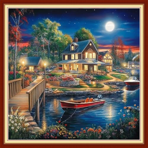Joyhoor Cross Stitch Kits for Beginners Stamped Cross-Stitch Supplies Needlework preprint Embroidery Kits for Adults DIY Needlepoint Kits Embroidery Patterns 11CT-Night Moon Home 18x18 inchs by JoyhoorCrossStitchKits