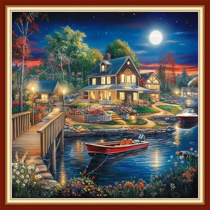 Joyhoor Cross Stitch Kits for Beginners Stamped Cross-Stitch Supplies Needlework preprint Embroidery Kits for Adults DIY Needlepoint Kits Embroidery Patterns 11CT-Night Moon Home 18x18 inchs by JoyhoorCrossStitchKits