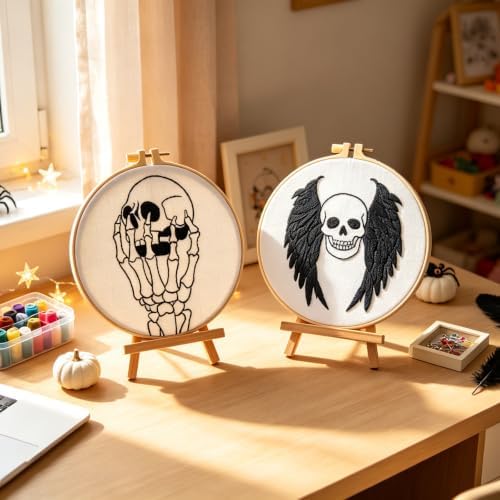 Skull Halloween Embroidery Kits for Beginners Adults, Gothic Embroidery Sets Needlepoint Kits, Halloween Stamped Cross Stitch Kits for Beginners Adults, 2 Embroidery Hoops (Attached Video Tutorial) - Image 7