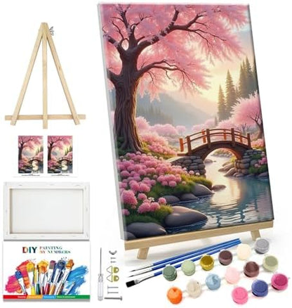 JOOZ Sakura Paint by Numbers Kit for Adults with Frame Landscape Paint by Number with Easel Lake Adult Paint by Number Kits Framed Canvas Mountain Oil Painting Kits for Home Wall Decor 8x12 Inch by Jooz
