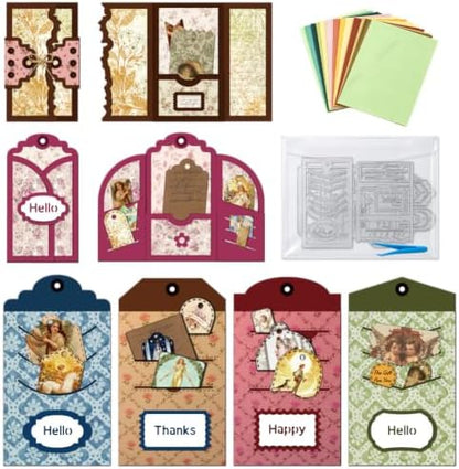 Journal Pocket Cards Cutting Die 8 Styles Scrapbooking Stencils with 50pcs 10 Styles Flower Lace Scrapbook Paper Pads & Tweezers, All-in-One Craft Kit for DIY Birthday Wedding Greeting Card by DELORIGIN