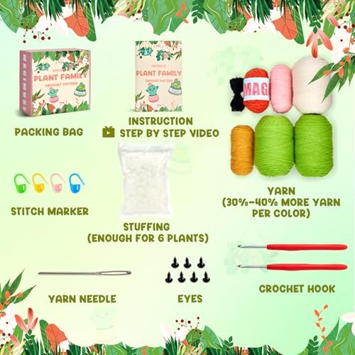MAGIMUSE Crochet Kit for Beginners, Crochet Starter Kits, Amigurumi Craft Knitting Crocheting Kits with Step-by-Step Video Tutorials, 6 Pack Hanging Potted Plants Family(40%+ Yarn) - Image 3