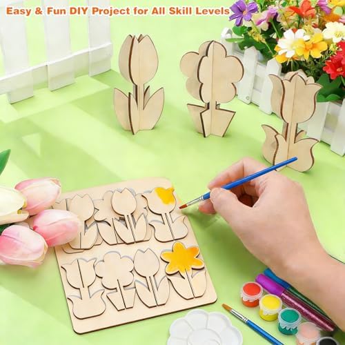 Mykzarpnix Wooden Flower Painting Kit, 12 Unfinished Wood 3D Flowers to Paint, DIY Spring Craft Set for Adults and Family, Blank Tulip Wood Cutouts for Home Decor, Tabletop Mantel Display - Image 3