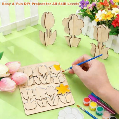 Mykzarpnix Wooden Flower Painting Kit, 12 Unfinished Wood 3D Flowers to Paint, DIY Spring Craft Set for Adults and Family, Blank Tulip Wood Cutouts for Home Decor, Tabletop Mantel Display - Image 3