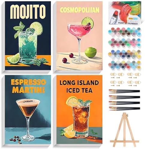 4 Pack Framed Paint by Numbers Kit for Adults Cocktail with Wooden Easel by Fountor