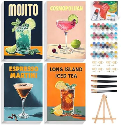 4 Pack Framed Paint by Numbers Kit for Adults Cocktail with Wooden Easel by Fountor