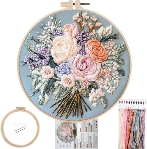 FONNUY Bouquet Flowers Embroidery Kit for Beginners, Pre-Stamped Pattern Kits for Adults with Hoop, Easy to Follow Color Thread Needlework, 8'' Hoop (Captivating Allure) by FONNUY