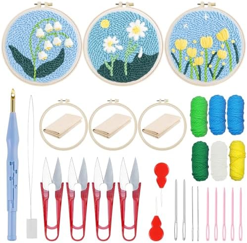 Woohome Punch Needle Kit Included Plastic Hoops, Punch Needle Cloth, Color Yarn and Punch Needle Tools for Adults, Beginners (9.Tulips and Chrysanthemums) by Woohome