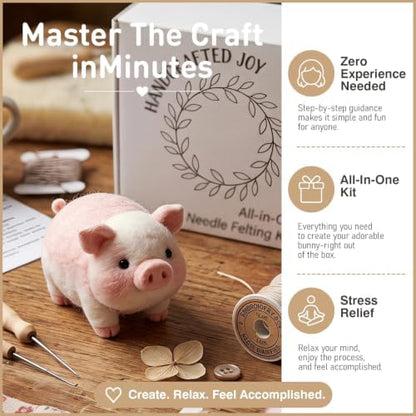 DIY Needle Felting Kit Cute Pink Pig – Needle Felting Starter Kit with Fiber Roving, Needles, Felting Pad & Instructions | Felted Farm Animal Kit for Beginners Adults | DIY Craft Gift Home Decoration - Image 3