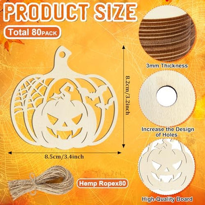 80PCS Wooden Halloween Decoration Pumpkins Ornaments to Paint Happy Halloween Cutouts Unfinished, DIY Blank Unfinished Ghost Spider Web Black Cat Trick or Treat Boo Ornament for Home Crafts Hanging - Image 2