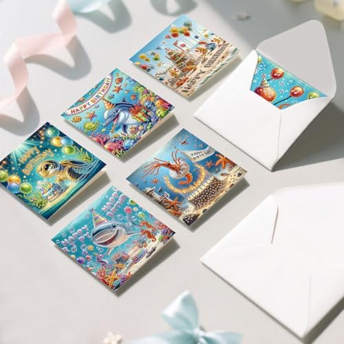POETRYDRAW 6 Pack 5D DIY Diamond Art Painting Ocean Card Kit, Diamond Art Birthday Holiday Greeting Card, Crafts Kit Creative with Envelope - Image 4