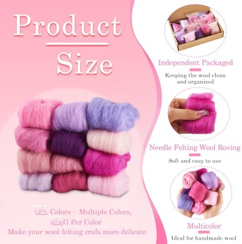 FASHEWELRY 2.12 oz Wool Roving for Needle Felting Kit 12 Colors Felting Wool Yarn Core Wool Felt Craft Kit for Felted Valentines Day Crafts DIY Materials Hand Spinning Supplies Pink Purple - Image 2
