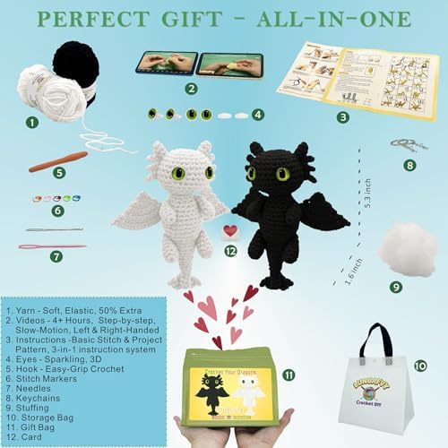 LuNuaFvy Crochet Kit for Beginner Adult/Teen/Kid 9+ - Learn to Crochet Animal Amigurumi Dragon Set with Left/Right-Handed 4hr Video, 3-Format Guides, Gift-Ready Packaging, Soft Yarn & Storage Bag - Image 3