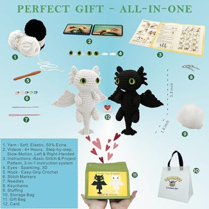 LuNuaFvy Crochet Kit for Beginner Adult/Teen/Kid 9+ - Learn to Crochet Animal Amigurumi Dragon Set with Left/Right-Handed 4hr Video, 3-Format Guides, Gift-Ready Packaging, Soft Yarn & Storage Bag - Image 3