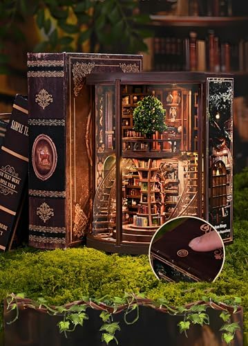 Book Nook Kits for Adults Fantasy 3D Puzzle Library Booknook Kit with Dust Cover Wisdom Book Repository Round Bookshelf Decor Wooden DIY Spiral Staircase Miniature Dollhouse Book House - Image 5