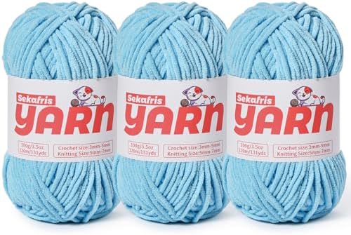 3 Pack Plush Chunky Chenille Yarn for Crocheting, Soft Fluffy Velvet Yarn for Crocheting, Fuzzy Baby Blanket Knitting Yarns, 300g/393yds Bulky Amigurumi Yarns（3 Azure Blue） by Sekafris