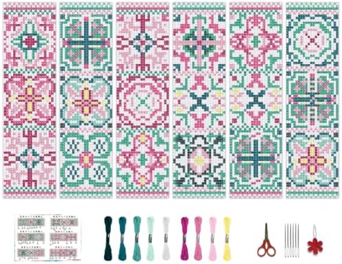 BEUNITONE Cross Stitch Bookmark Kits 6 Pcs Variegated Flowers DIY Bookmarks Cross Stitch Set for Adults Beginners Hand Embroidery Set Traditional Decorative Patterns Craft Kits for Gifts 8''x2.4'' by BEUNITONE