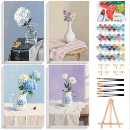 4 Pack Framed Paint by Numbers Kit for Adults Beginner with Wooden Easel, Flowers Vase Easy Paint by Numbers with Frame, DIY Adult Paint by Numbers Kits on Canvas Framed for Home Decor Gift 8x12 Inch by Unknown