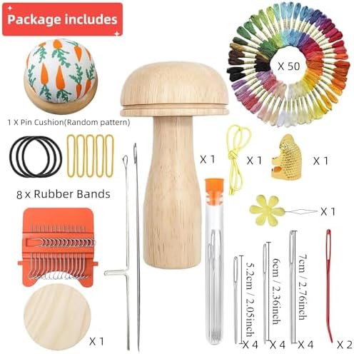 YFXJC Mini Darning Mushroom, Darning Weaving Tool Set with Small Weaving Loom Kit with 14 Pcs Large Eye Needles 50 Colors Thread for DIY Handicraft Home Sewing Care (Orange-Mushroom) - Image 3