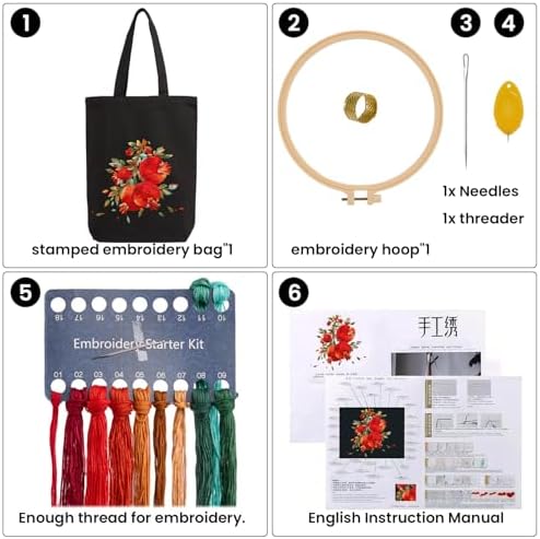 CREAWONDER Canvas Tote Bag Embroidery Kit with Pattern for Beginners, Arts and DIY Embroidery Crafts Kits for Adults, Include Instructions, Embroidery Hoops, Color Threads and Tool - Image 4