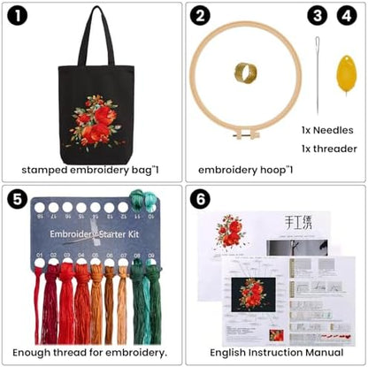 CREAWONDER Canvas Tote Bag Embroidery Kit with Pattern for Beginners, Arts and DIY Embroidery Crafts Kits for Adults, Include Instructions, Embroidery Hoops, Color Threads and Tool - Image 4