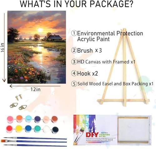MIRCVSH Sunset Paint by Numbers Kit for Adults Framed,Landscape Paint by Number for Adults Beginner,Adults' Paint-by-Number Kits on Canvas with Wooden Easel for Home Wall Decor 12X16 Inch - Image 2