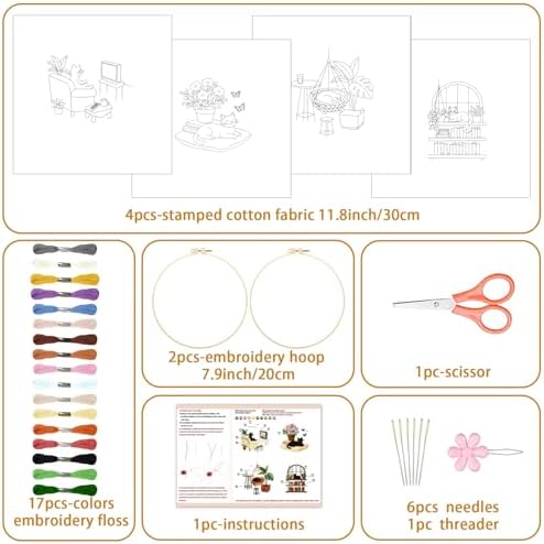 BEUNITONE 4 Set Embroidery Kit for Beginners, Daily Life of Cats Patterns Cross Stitch Kits, Needlepoint Kits for Adults with Hoop, Cute Hand Embroidery Patterns for Cloth and Home Decor - Image 2