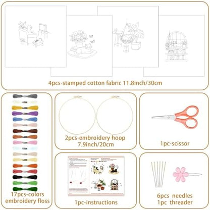 BEUNITONE 4 Set Embroidery Kit for Beginners, Daily Life of Cats Patterns Cross Stitch Kits, Needlepoint Kits for Adults with Hoop, Cute Hand Embroidery Patterns for Cloth and Home Decor - Image 2