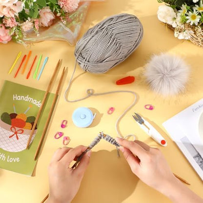 GliCraft Hat Knitting Kit for Beginners with Yarn Needles Pom,Warm Grey - Image 3