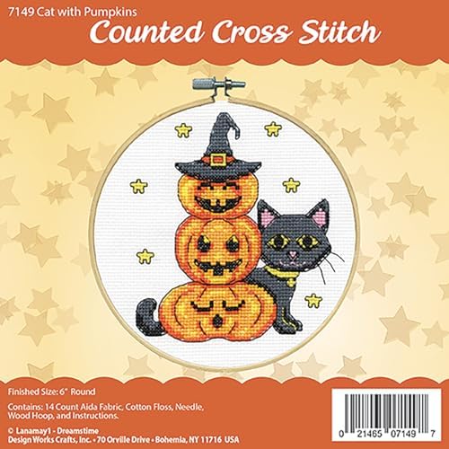 DESIGN WORKS Cat with Pumpkins Counted Cross Stitch Kit w/Hoop - Image 2