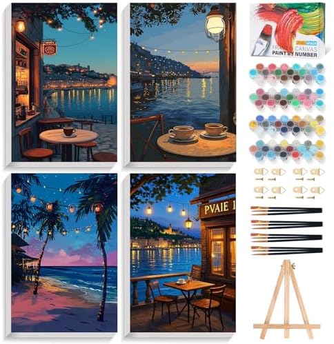 4 Pack Framed Paint by Numbers Kit for Adults Coffee with Wooden Easel by Fountor