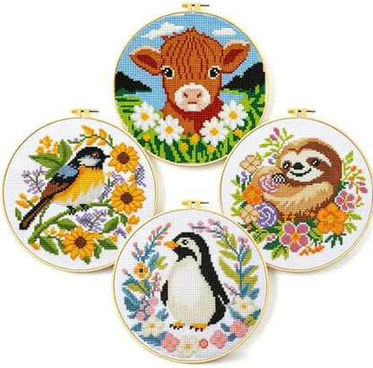 Zhenging Animal Cross Stitch Kit – 4 Pre-Printed Designs (Sloth, Bird, Penguin, Calf) with 11CT 9.45x9.45 Inch Fabric, Hoop, Scissors, Threader & Tools for Beginners & Adults by ZhenqingHomeFlagship