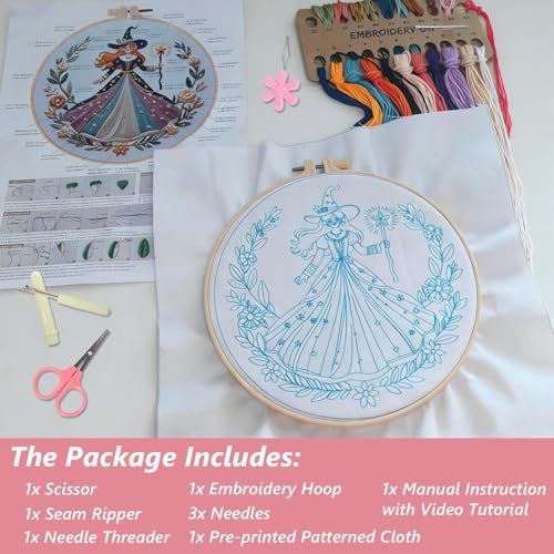 Embroidery Kit for Adults, Pre-Stamped Pattern Embroidery Kit for Beginners, DIY Hand Needlepoint Starter Kit with Hoop Thread Needle Instruction, 6.3'' Hoop (Witch 1 Pack) - Image 3