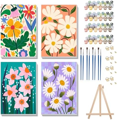 Ycydilirab 4 Pack Flowers Paint by Numbers Kit for Adults with Framed Wooden Easel - Flower Adult Paint by Number,Paint by Number Canvas for Adults Gifts Home Wall Decor 8×12 inch by Ycydilirab