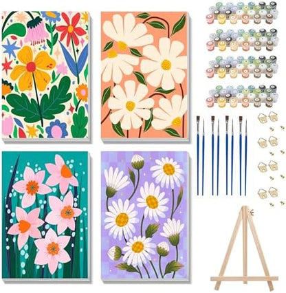 Ycydilirab 4 Pack Flowers Paint by Numbers Kit for Adults with Framed Wooden Easel - Flower Adult Paint by Number,Paint by Number Canvas for Adults Gifts Home Wall Decor 8×12 inch by Ycydilirab