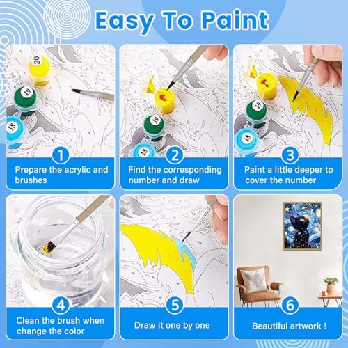 Yunnuo Paint by Numbers Kit for Adults Cat, Starry Night, 16x20 inch - Image 6
