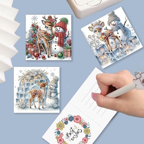 DIY Diamond Greeting Cards Set Christmas, 5D DIY Diamond Art Painting Greeting Card, DIY Christmas Card Making Kits for Family Friends Handmade Gift-#02-Snowman Deer - Image 5