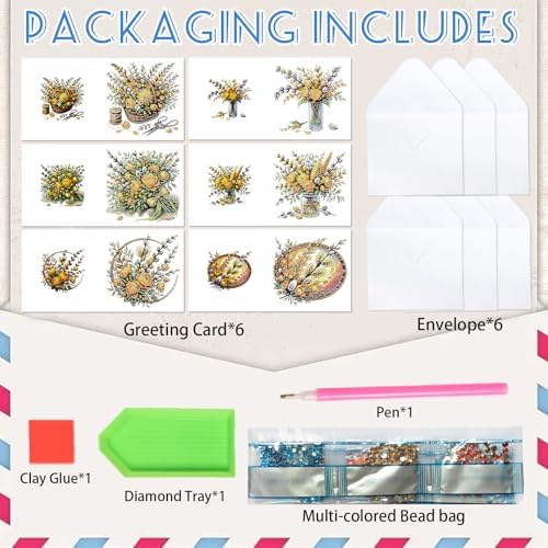 6pcs 5D DIY Diamond Painting Kit Greeting Card, Yellow Flower Diamond Handmade Greeting Card with Envelope, Holiday Gift Congratulations - Image 3