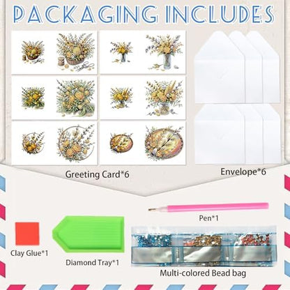 6pcs 5D DIY Diamond Painting Kit Greeting Card, Yellow Flower Diamond Handmade Greeting Card with Envelope, Holiday Gift Congratulations - Image 3