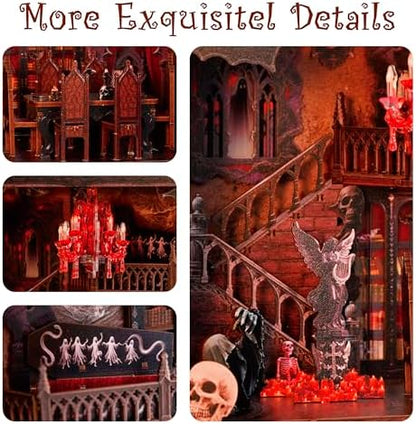 Haunted Manor DIY Miniature House Kit with LED Lights - Gothic Book Nook Decor, 3D Wooden Puzzle for Adults, Halloween Home Decoration (AAA Batteries Not Included) - Image 6