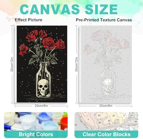 Framed Paint by Numbers Kit for Adults, Skull & Red Roses, 8x12 Inch - Image 3