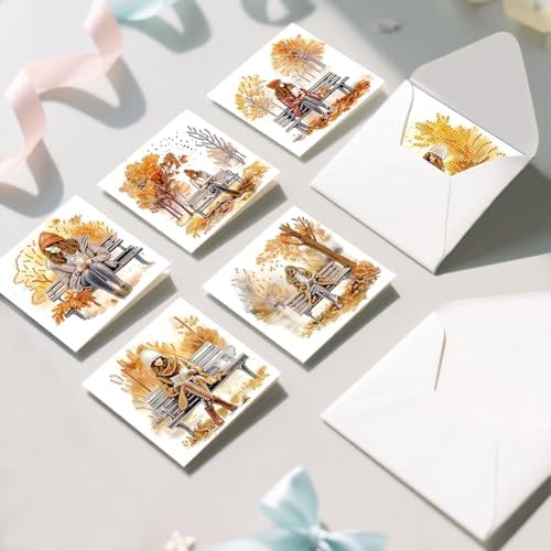 jinglinhh 6pcs Diamond Art Painting Autumn Park Bench Girl Greeting Cards with Envelopes, DIY Card Making Kits for Adults, Diamond Art Postcards Christmas Cards Craft Gifts - Image 5