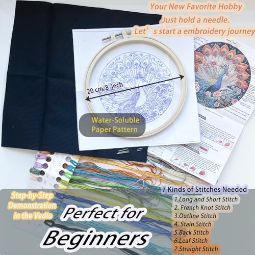 FONNUY Peacock Floral Embroidery Kit, Cross Stitch Kits, Handmade Crafts with Printed Patterns for Beginner Adults, Easy to Follow Color Thread Needlework, 8'' Hoop (Jewel-Toned Feathers) - Image 5