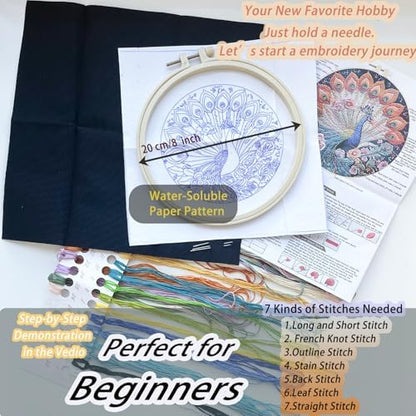 FONNUY Peacock Floral Embroidery Kit, Cross Stitch Kits, Handmade Crafts with Printed Patterns for Beginner Adults, Easy to Follow Color Thread Needlework, 8'' Hoop (Jewel-Toned Feathers) - Image 5