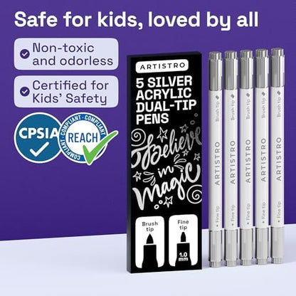 ARTISTRO 5 Silver Dual-Tip Acrylic Paint Marker Pens for Drawing - Image 6