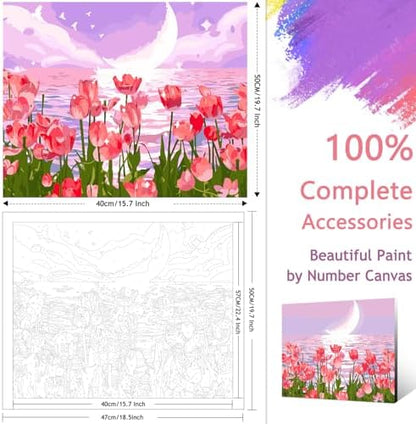 Yunnuo Paint by Numbers Kit for Adults, Tulip Flowers Paint by Number for Beginners, DIY Seaside Scenery Acrylic Number Painting on Canvas, Great Gifts Decor (16 x 20 Inch) - Image 2