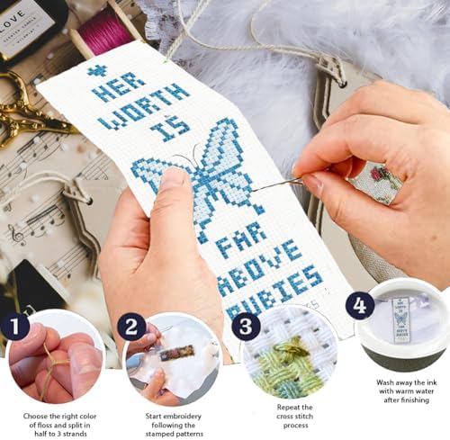 INFUNLY 6 Pcs Woman Power Stamped Embroidery Bookmark 8.5x3 inch Prayer Flower Stamped Cross Stitch Kit for Adults DIY Motivational Quote Stitch Bookmarks Kit for Readers Writers Craft Gift - Image 4