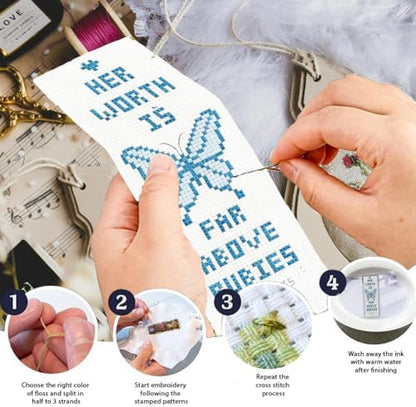 INFUNLY 6 Pcs Woman Power Stamped Embroidery Bookmark 8.5x3 inch Prayer Flower Stamped Cross Stitch Kit for Adults DIY Motivational Quote Stitch Bookmarks Kit for Readers Writers Craft Gift - Image 4